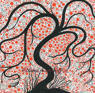 Dessin intitulée "Black Tree with Red…" par Nina Kuriloff, Œuvre d'art originale, Encre
