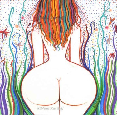 Dibujo titulada "Nude & Plants" por Nina Kuriloff, Obra de arte original, Tinta
