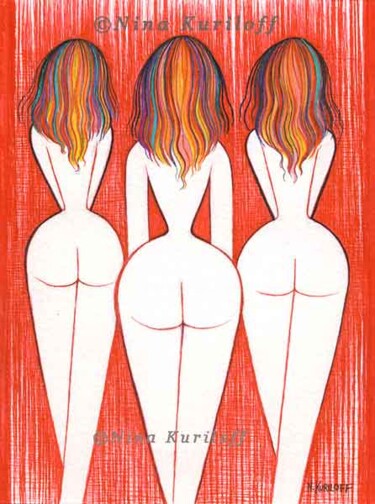 Zeichnungen mit dem Titel "Trio in Red" von Nina Kuriloff, Original-Kunstwerk, Tinte
