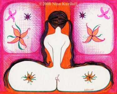 Pintura intitulada "Nude with Long Blac…" por Nina Kuriloff, Obras de arte originais