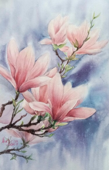 Painting titled "Magnolia" by Nina Rusakova, Original Artwork, Watercolor