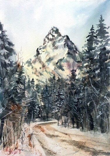 Painting titled "The road to the mou…" by Nina Rusakova, Original Artwork, Watercolor