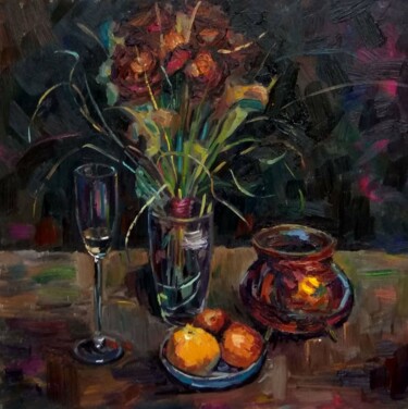 Painting titled "Still life.While th…" by Nina Silaeva, Original Artwork, Oil Mounted on Wood Stretcher frame