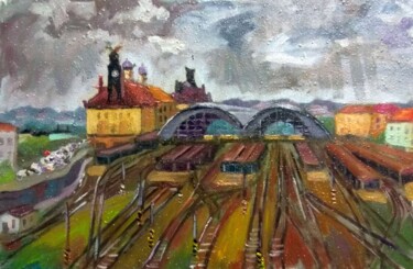 Peinture intitulée "Prague Central stat…" par Nina Silaeva, Œuvre d'art originale, Huile Monté sur Châssis en bois