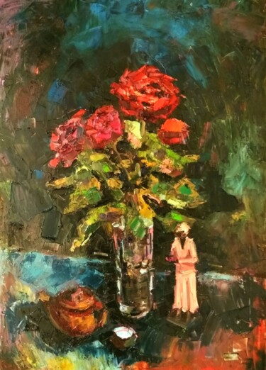 Painting titled "Букет роз" by Nina Silaeva, Original Artwork, Oil Mounted on Wood Stretcher frame