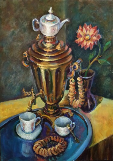 Картина под названием "Чаепитие. Русский с…" - Nina Silaeva, Подлинное произведение искусства, Масло Установлен на Деревянна…