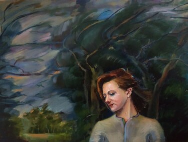 Painting titled "Автопортрет.Накануне" by Nina Silaeva, Original Artwork, Oil Mounted on Wood Stretcher frame