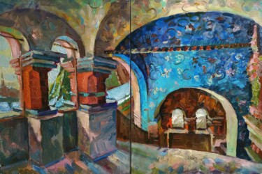 Painting titled "Храм Василия Блажен…" by Nina Silaeva, Original Artwork, Oil Mounted on Wood Stretcher frame