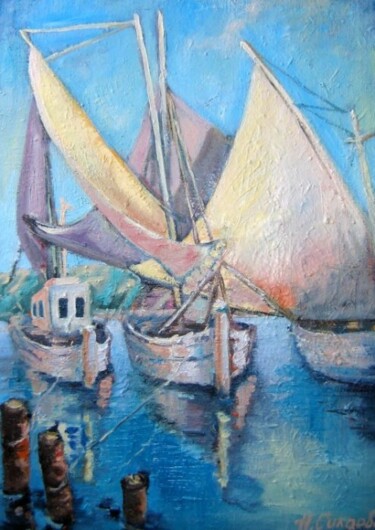 Schilderij getiteld "yacht" door Nina Silaeva, Origineel Kunstwerk, Olie