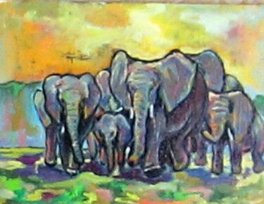 Malerei mit dem Titel "Слоны в Танзании Та…" von Nina Silaeva, Original-Kunstwerk