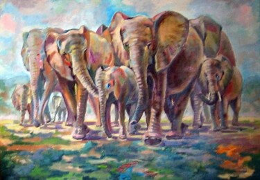 Painting titled "elefants serengety" by Nina Silaeva, Original Artwork, Oil