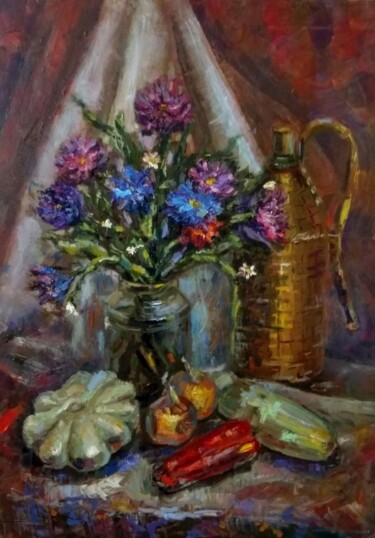 Painting titled "Still life with flo…" by Nina Silaeva, Original Artwork, Oil Mounted on Wood Stretcher frame