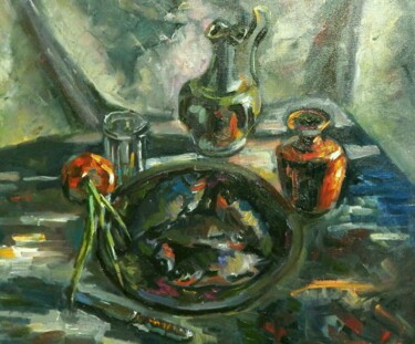 Painting titled "Still life with fish" by Nina Silaeva, Original Artwork, Oil