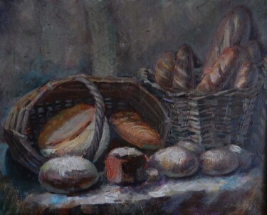 Painting titled "Натюрморт с хлебом…" by Nina Silaeva, Original Artwork, Oil