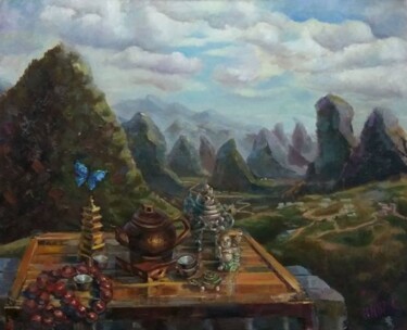 Peinture intitulée "Чаепитие в Яншо Tea…" par Nina Silaeva, Œuvre d'art originale, Huile Monté sur Châssis en bois
