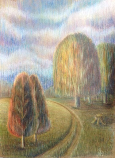 Рисунок под названием "Road through the fi…" - Nina Samosudova, Подлинное произведение искусства, Цветные карандаши