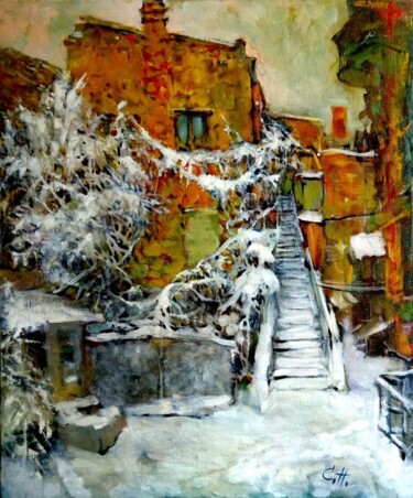 Картина под названием "Зимний дворик" - Nina Stasiukova, Подлинное произведение искусства, Масло