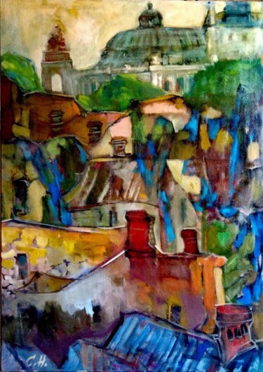 Painting titled "The roof" by Nina Stasiukova, Original Artwork, Oil