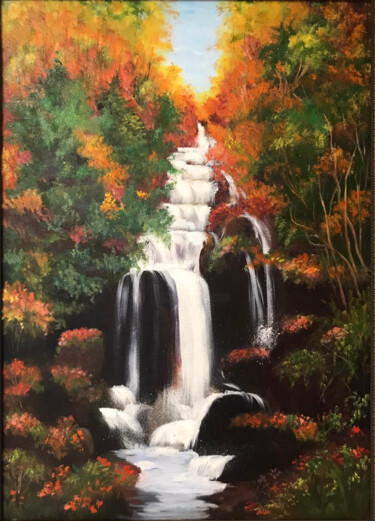 Ζωγραφική με τίτλο "водопад" από Nina Toman, Αυθεντικά έργα τέχνης, Λάδι Τοποθετήθηκε στο Άλλος άκαμπτος πίνακας