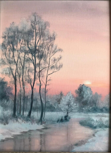 Painting titled "зимний закат" by Nina Toman, Original Artwork, Oil Mounted on Cardboard
