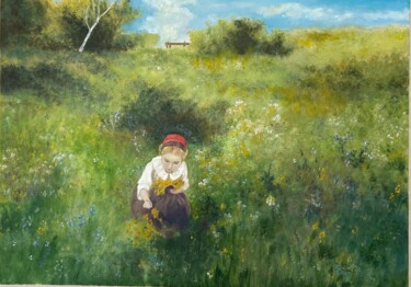 Painting titled "девочка в лесу ( пр…" by Nina Toman, Original Artwork, Oil Mounted on Wood Stretcher frame