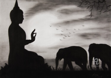 Peinture intitulée "Bouddha et éléphants" par Nina (Nadine Pillet), Œuvre d'art originale, Autre