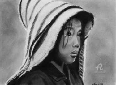 Peinture intitulée "Fillette tibétaine" par Nina (Nadine Pillet), Œuvre d'art originale, Autre