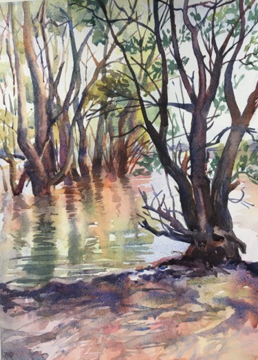 Painting titled "Willows on the shore" by Nina Yudina, Original Artwork, Watercolor