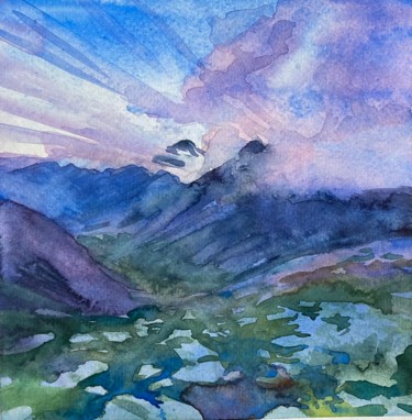 Картина под названием "Вечер в горах" - Nina Yudina, Подлинное произведение искусства, Акварель