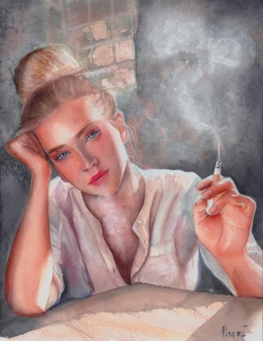 Painting titled "Girl with a cigaret…" by Nina Ingilevich, Original Artwork, Watercolor