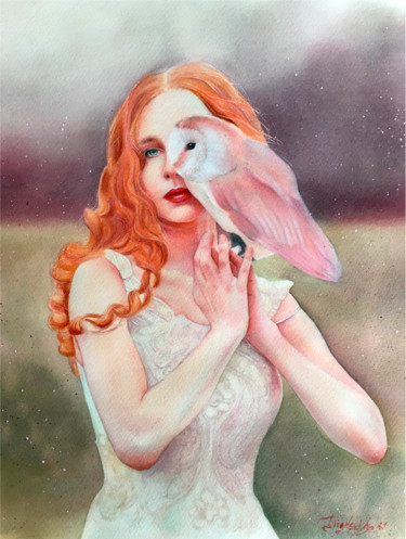 Peinture intitulée "Totem owl woman por…" par Nina Ingilevich, Œuvre d'art originale, Aquarelle