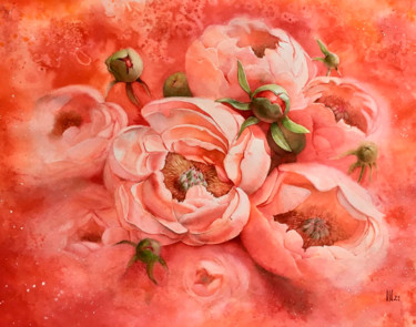 Painting titled "Coral charm peonies" by Nina Ingilevich, Original Artwork, Watercolor
