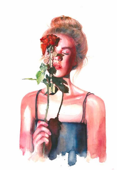 Pintura intitulada "A girl with a rose" por Nina Ingilevich, Obras de arte originais, Aquarela