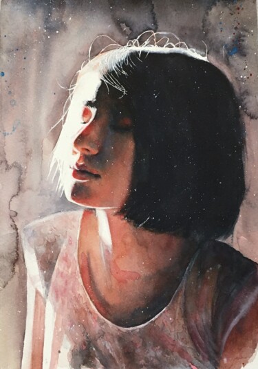 Brunette girl portrait, sunny art Картина под названием "Brunette girl portr…" - Nina Ingilevich, Подлинное произведение искусства, Акварель
