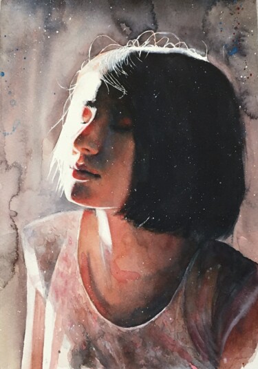 Painting titled "Brunette girl portr…" by Nina Ingilevich, Original Artwork, Watercolor