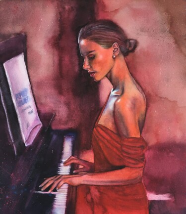 Malarstwo zatytułowany „Piano player girl” autorstwa Nina Ingilevich, Oryginalna praca, Akwarela