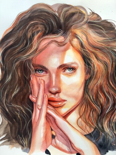 Painting titled "Portrait of a curly…" by Nina Ingilevich, Original Artwork, Watercolor