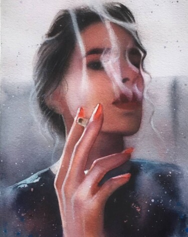 Painting titled "Smoking brunnete" by Nina Ingilevich, Original Artwork, Watercolor