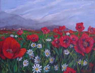Painting titled "Poppies and daisies…" by Nina Mitkova, Original Artwork, Oil