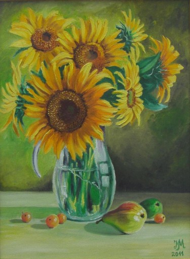 Pintura intitulada "Sunflowers in glass…" por Nina Mitkova, Obras de arte originais, Óleo