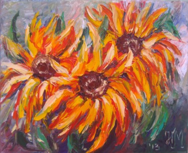 Painting titled "The fiery sunflowers" by Nina Mitkova, Original Artwork, Oil