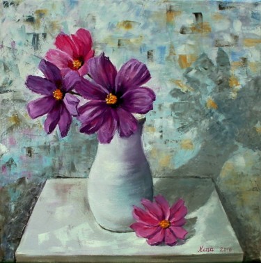 Painting titled "Cosmos in a vase" by Nina Mitkova, Original Artwork, Oil