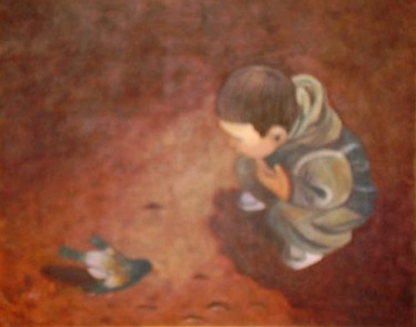 Pintura titulada "PAJARO Y EL NIÑO" por Nina Reyes Guzmán, Obra de arte original