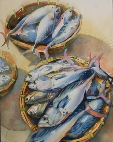 Pittura intitolato "Fresh fish" da Nina Orlova, Opera d'arte originale, Acquarello