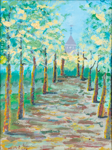 Painting titled "The road to the tem…" by Ninel Fedenko, Original Artwork, Oil Mounted on Wood Stretcher frame