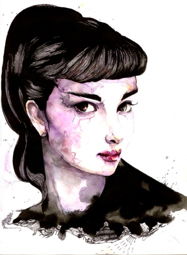 Dessin intitulée "UNE AUDREY" par Ninette Eponyme, Œuvre d'art originale, Encre