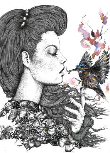 Dibujo titulada "L'OISEAU" por Ninette Eponyme, Obra de arte original, Tinta