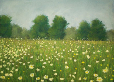 Painting titled "Flower Field" by Nino Gudadze, Original Artwork, Pastel