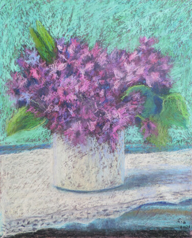 Pintura titulada "Violet flowers" por Nino Gudadze, Obra de arte original, Pastel