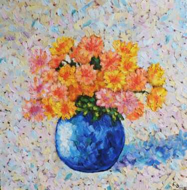 Ζωγραφική με τίτλο "Flowers in blue vase" από Nino Gudadze, Αυθεντικά έργα τέχνης, Λάδι